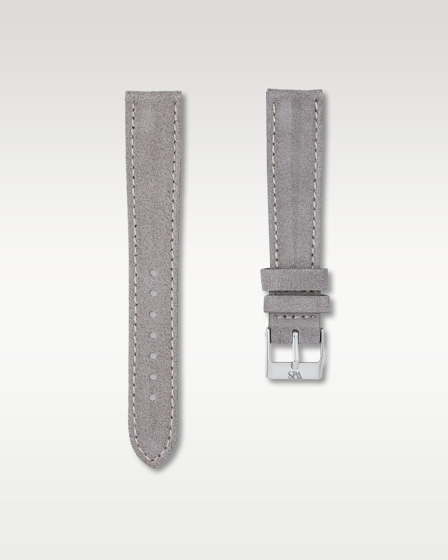 WISSTRAPS 18mm Slate Grey soft suede leather watch strap featuring light contrast perimeter stitching and a brushed stainless steel buckle