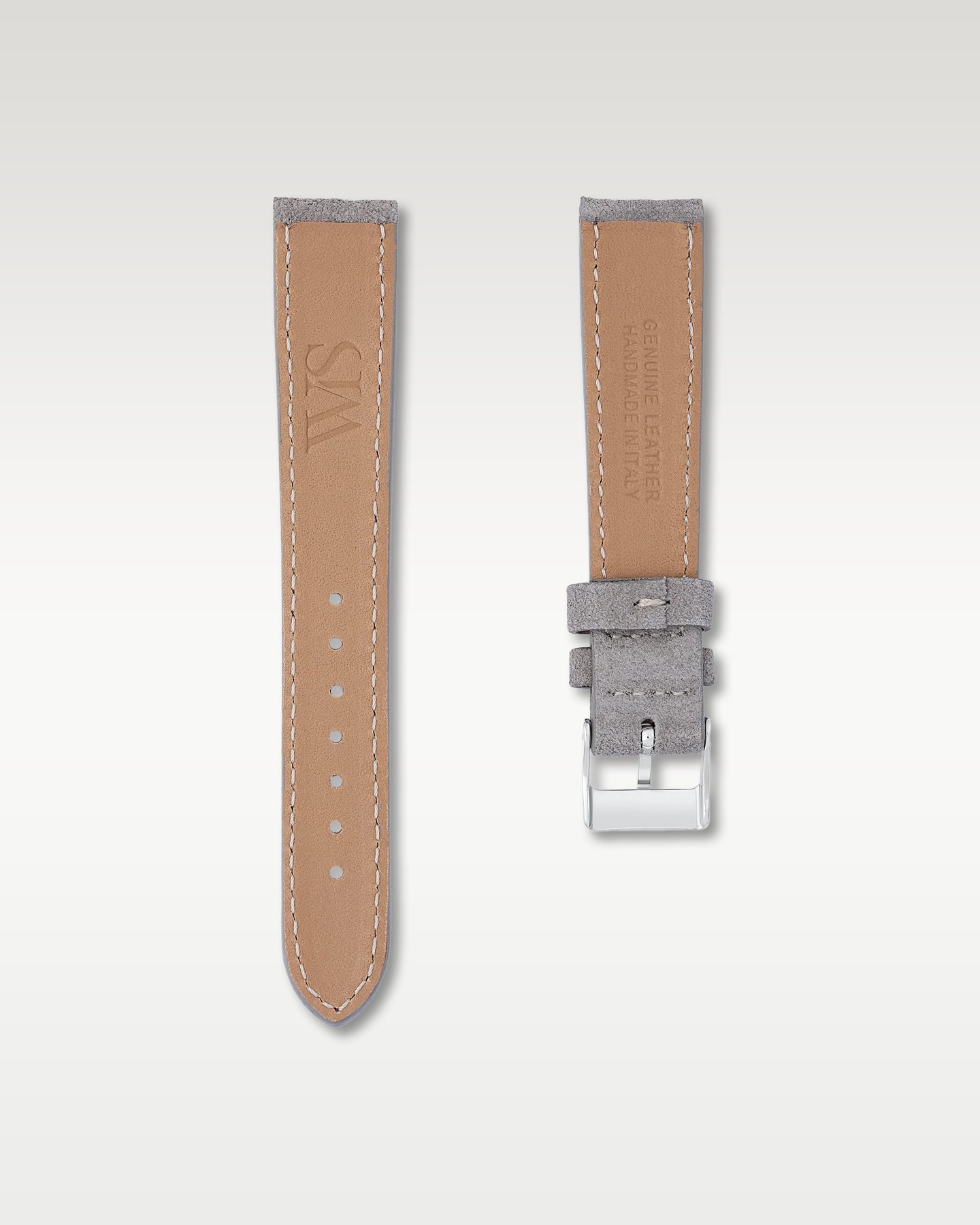 Underside view of WISSTRAPS 18mm Slate Grey suede leather watch strap showing soft tan lining and stamped brand logo