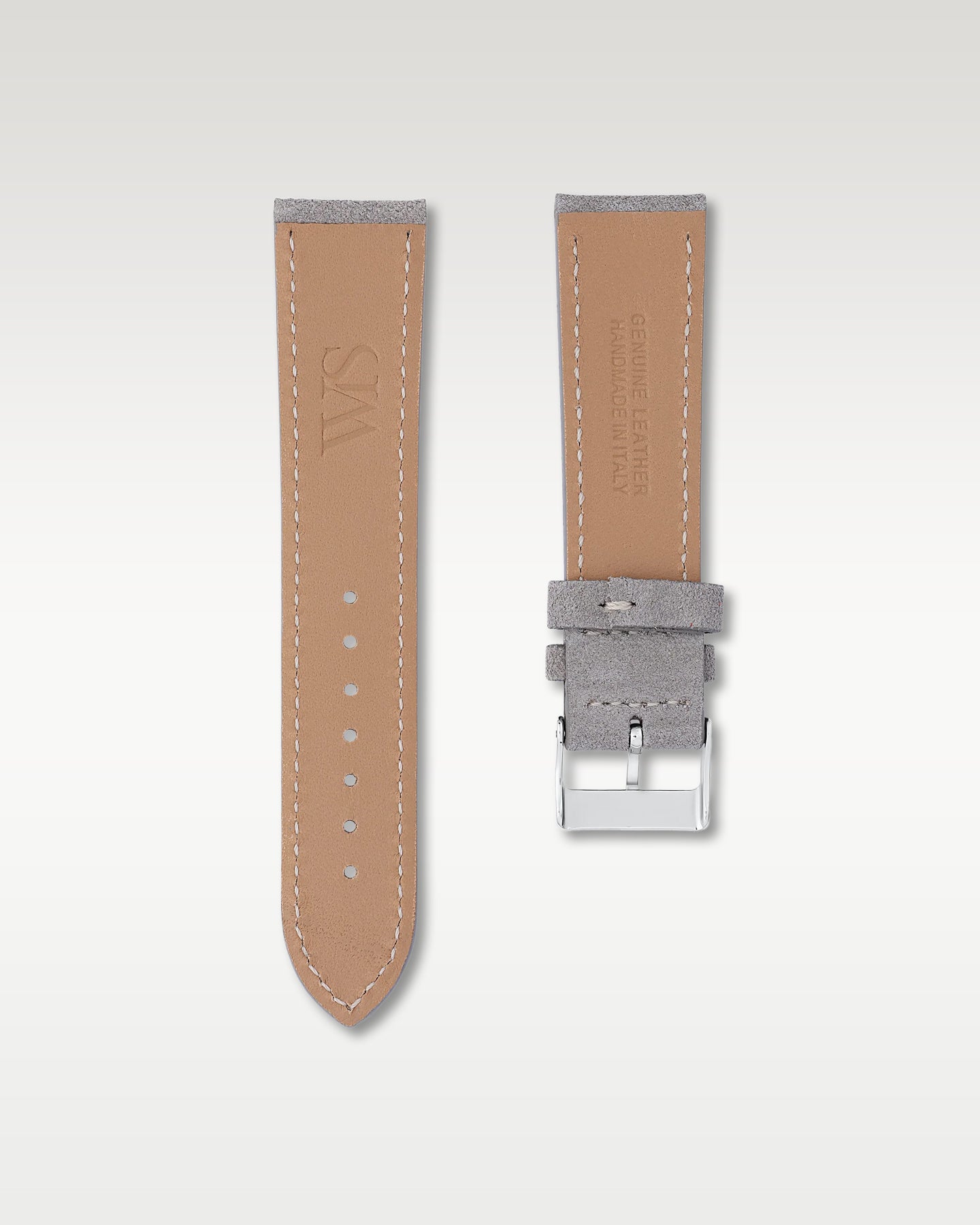 Underside view of WISSTRAPS 22mm Slate Grey suede leather watch strap showing soft tan lining and stamped brand logo