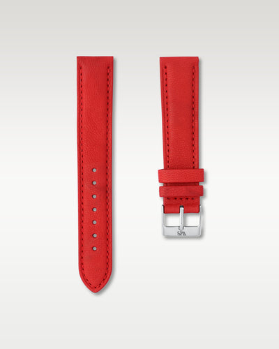 WISSTRAPS 20mm Strawberry Red Italian calf leather watch strap featuring matching red stitching and a stainless steel buckle