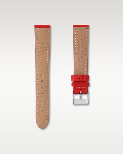 Underside view of WISSTRAPS 18mm Strawberry Red leather watch strap showing soft tan lining and stamped brand logo