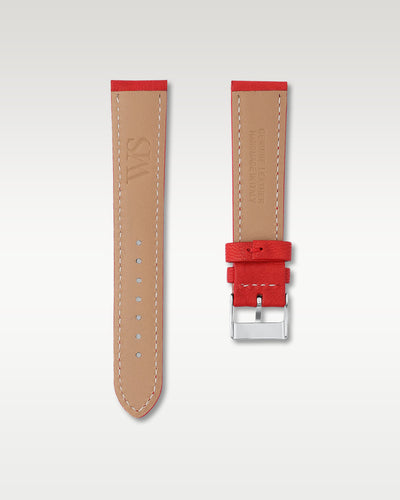 Underside view of WISSTRAPS 20mm Strawberry Red leather watch strap showing soft tan lining and stamped brand logo