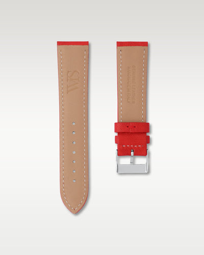 Underside view of the WISSTRAPS 22mm Strawberry Red Italian calf leather strap showing the stamped WS logo and soft tan lining