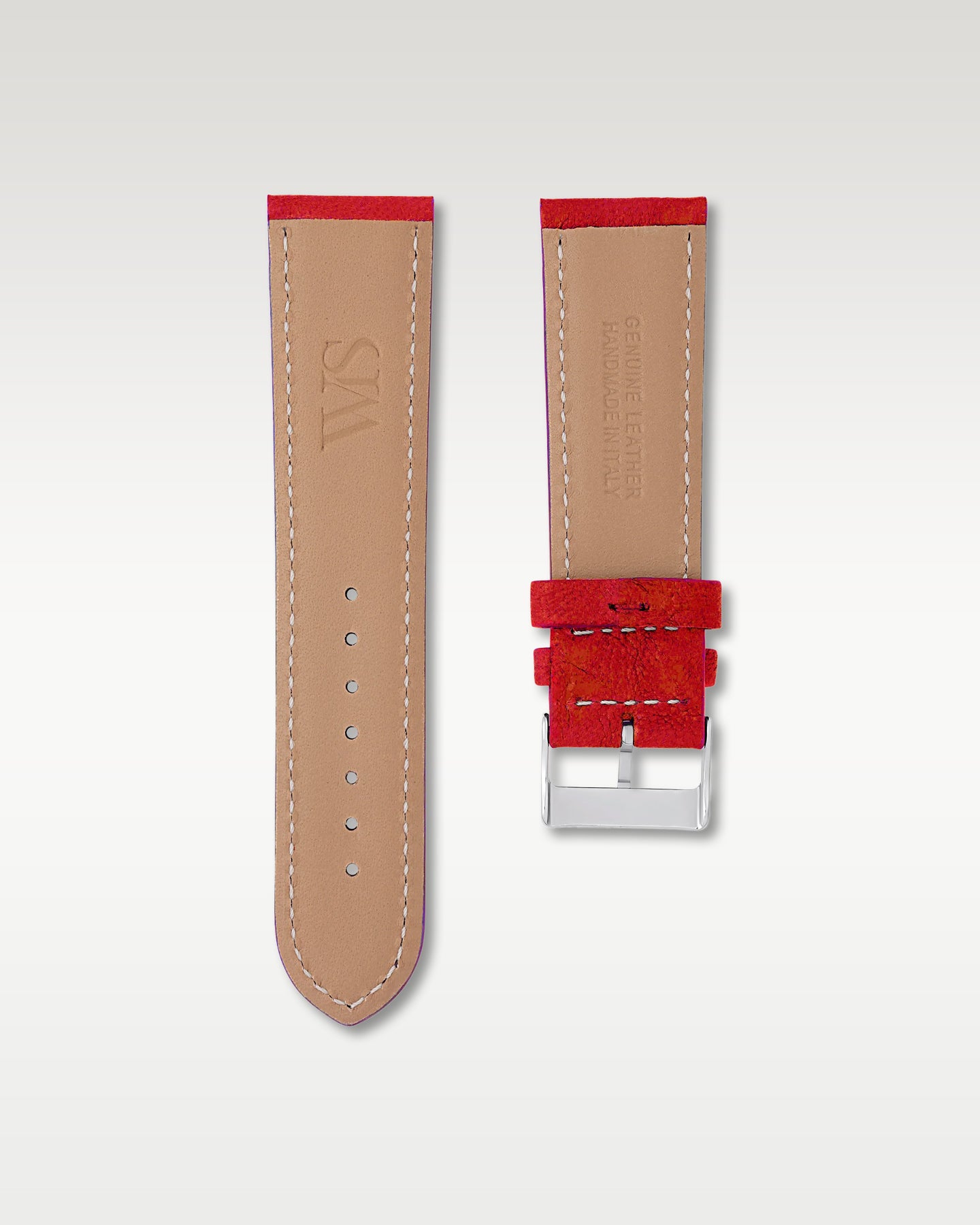 Underside view of the WISSTRAPS 24mm Strawberry Red Italian calf leather strap showing the stamped WS logo and soft tan lining