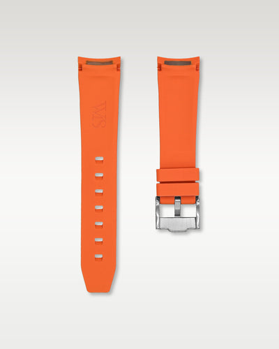 Pair view of WISSTRAPS 21mm Tangerine Orange curved end rubber watch strap with pre-installed silver pin buckle