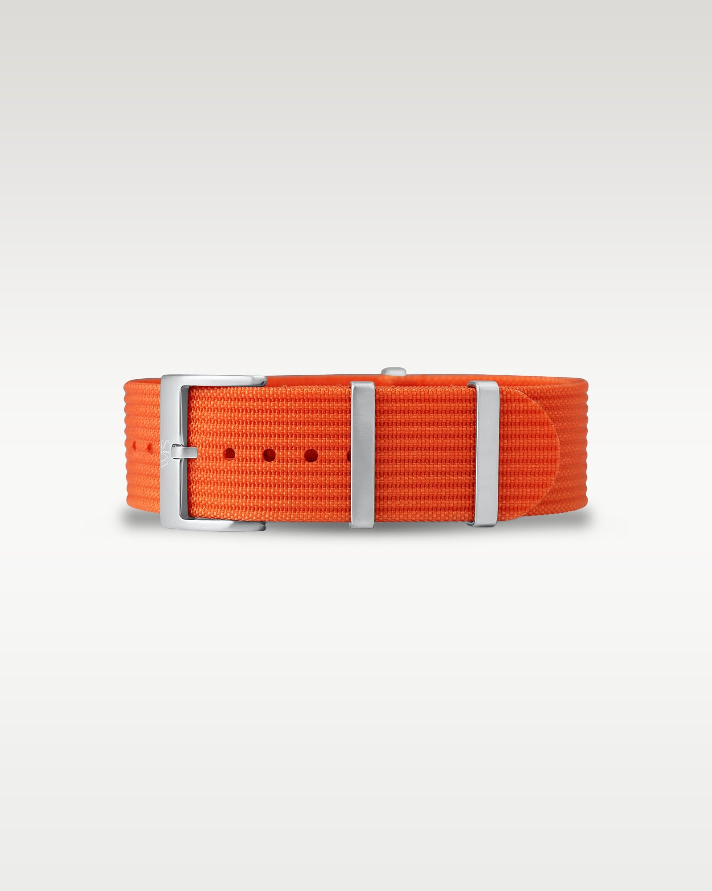 Flat layout view of a vibrant tangerine orange woven nylon watch strap folded with brushed steel hardware