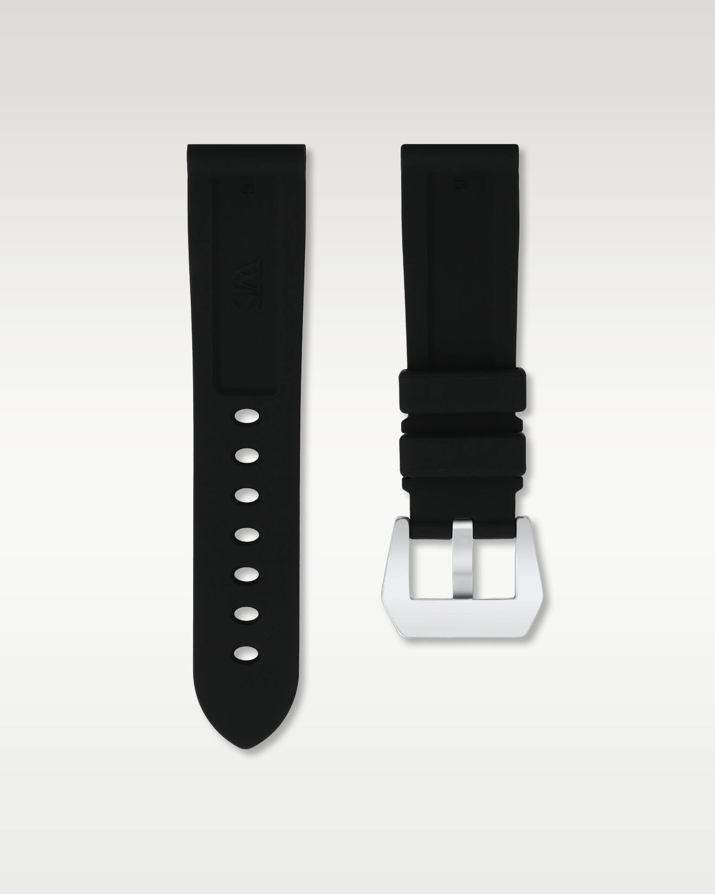 under side view of WISSTRAPS 22mm Tuxedo Black calibrated rubber watch strap with pre-installed silver pin buckle and spring bars