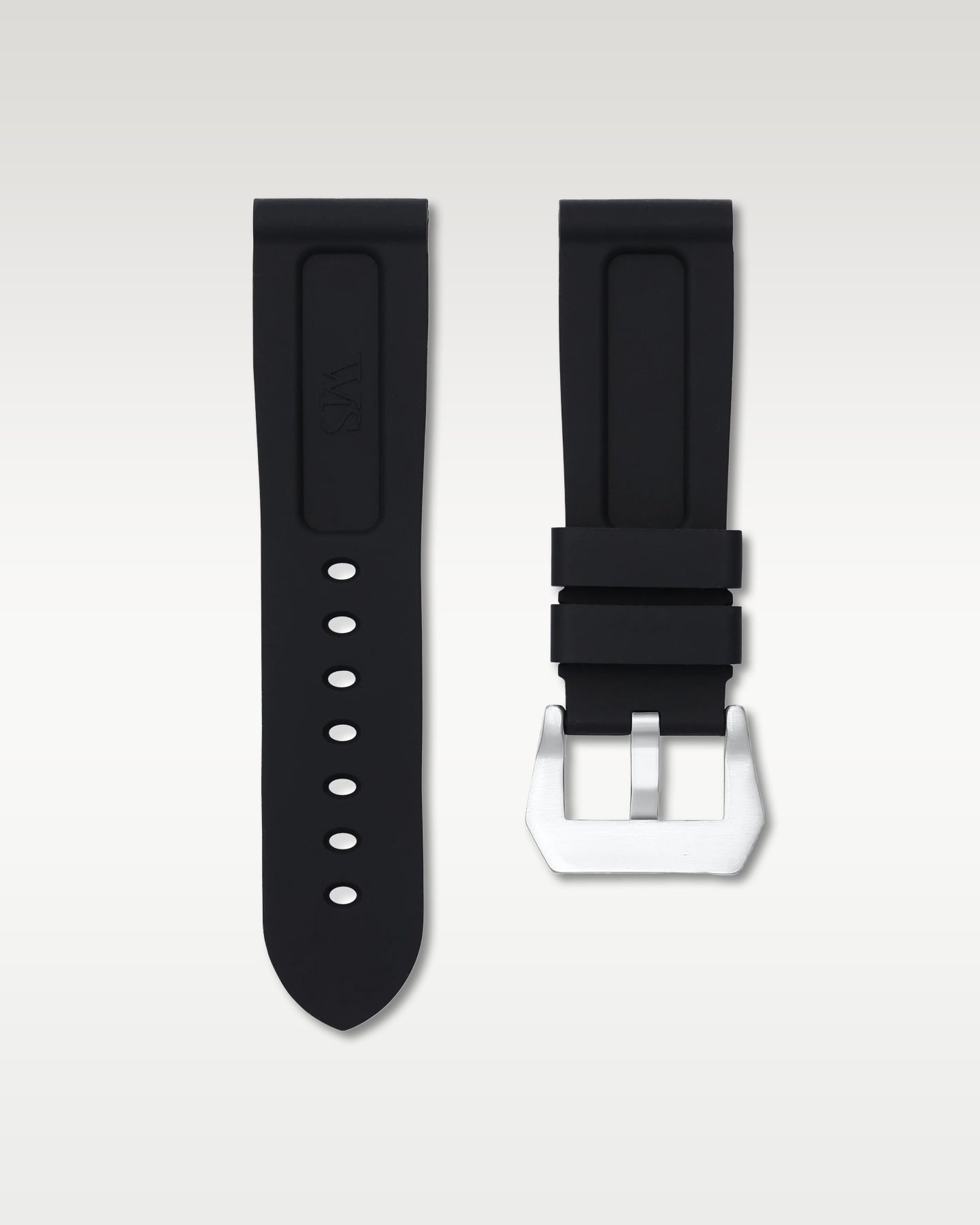 Under side view of WISSTRAPS 24mm Tuxedo Black calibrated rubber watch strap showing seamless case alignment and spring bars
