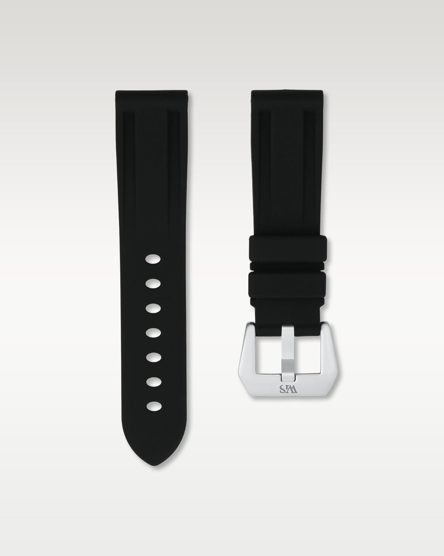 WISSTRAPS 22mm Tuxedo Black calibrated rubber watch strap featuring a flush case fit and brushed stainless steel buckle