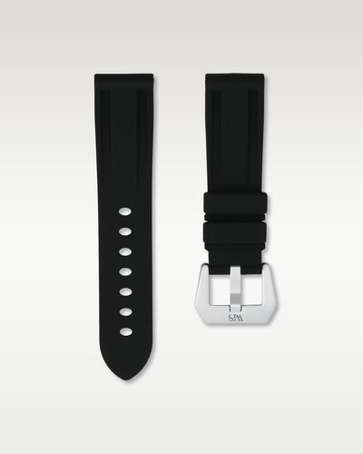 WISSTRAPS 22mm Tuxedo Black calibrated rubber watch strap featuring a flush case fit and brushed stainless steel buckle