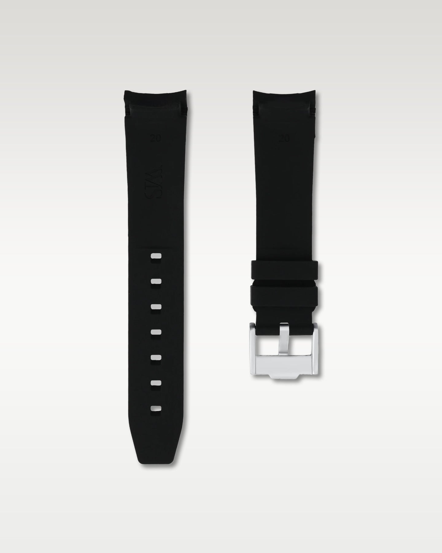 Pair view of WISSTRAPS 20mm Tuxedo Black curved end rubber watch strap with pre-installed silver pin buckle