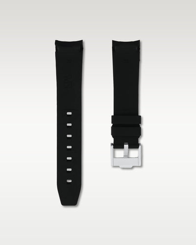 Pair view of WISSTRAPS 20mm Tuxedo Black curved end rubber watch strap with pre-installed silver pin buckle