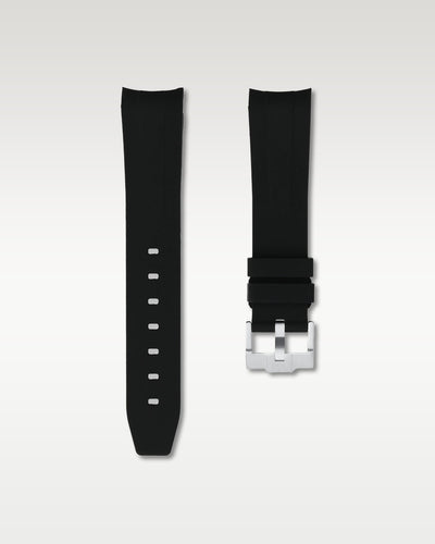 WISSTRAPS 20mm Tuxedo Black integrated curved end rubber watch strap featuring a seamless flush lug fit and brushed stainless steel buckle