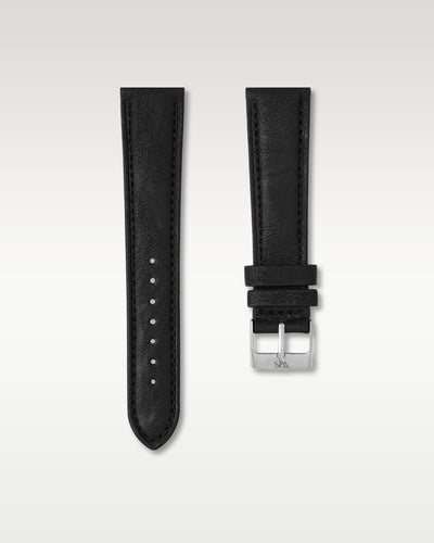 WISSTRAPS 20mm Tuxedo Black Italian calf leather watch strap featuring sleek tonal stitching and a polished stainless steel buckle