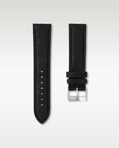 WISSTRAPS Tuxedo Black Italian calf leather watch strap 22mm featuring matching black stitching and a stainless steel pin buckle