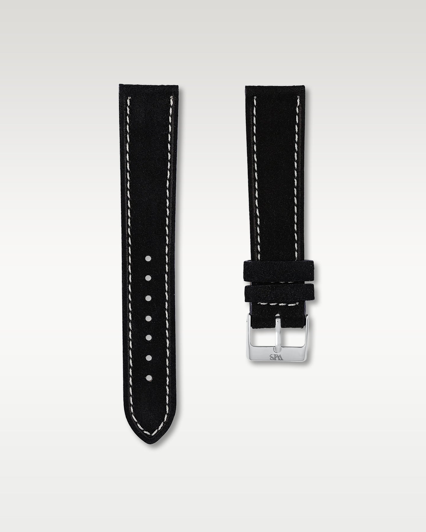 WISSTRAPS 20mm Tuxedo Black Italian soft suede leather watch strap featuring white contrast perimeter stitching and a brushed stainless steel buckle