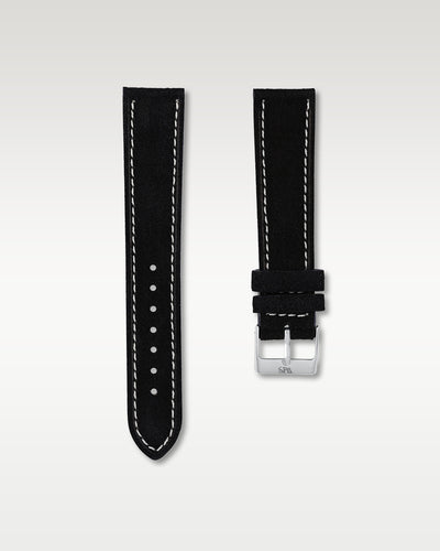 WISSTRAPS 20mm Tuxedo Black Italian soft suede leather watch strap featuring white contrast perimeter stitching and a brushed stainless steel buckle