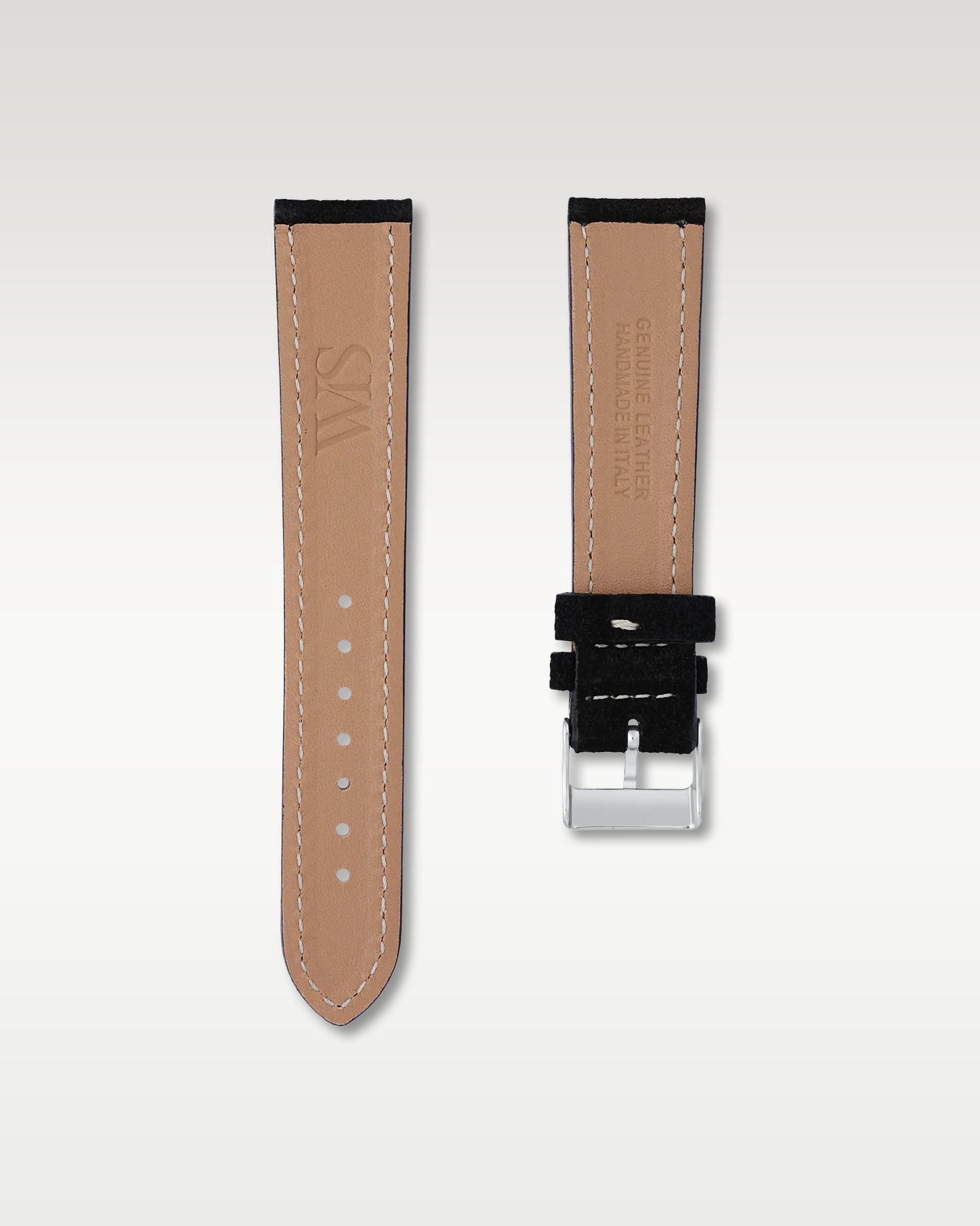 Underside view of WISSTRAPS 20mm Tuxedo Black suede leather watch strap showing soft tan lining and stamped brand logo
