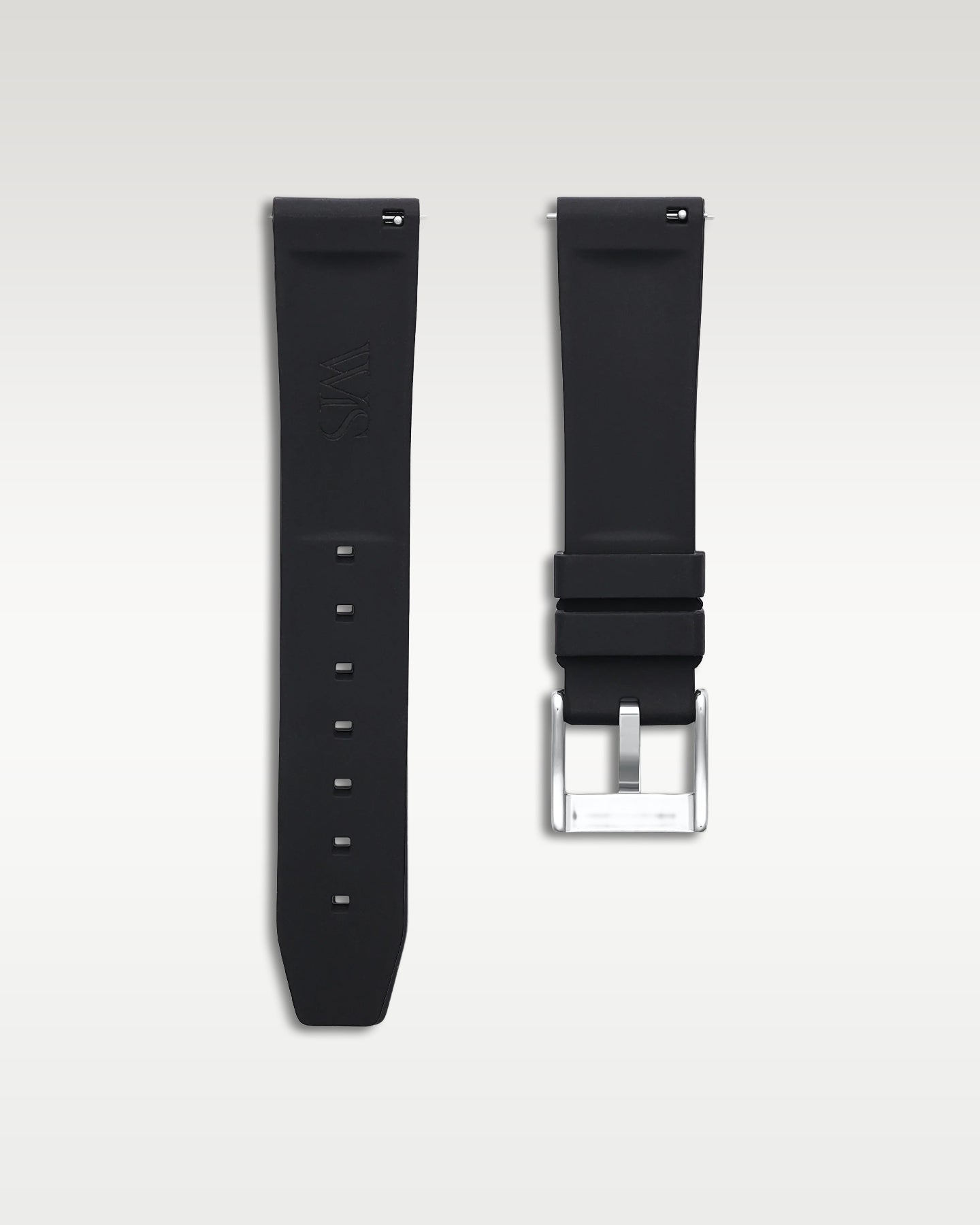 Pair view of WISSTRAPS 20mm Tuxedo Black quick release rubber watch strap with pre-installed silver pin buckle and quick release spring bars
