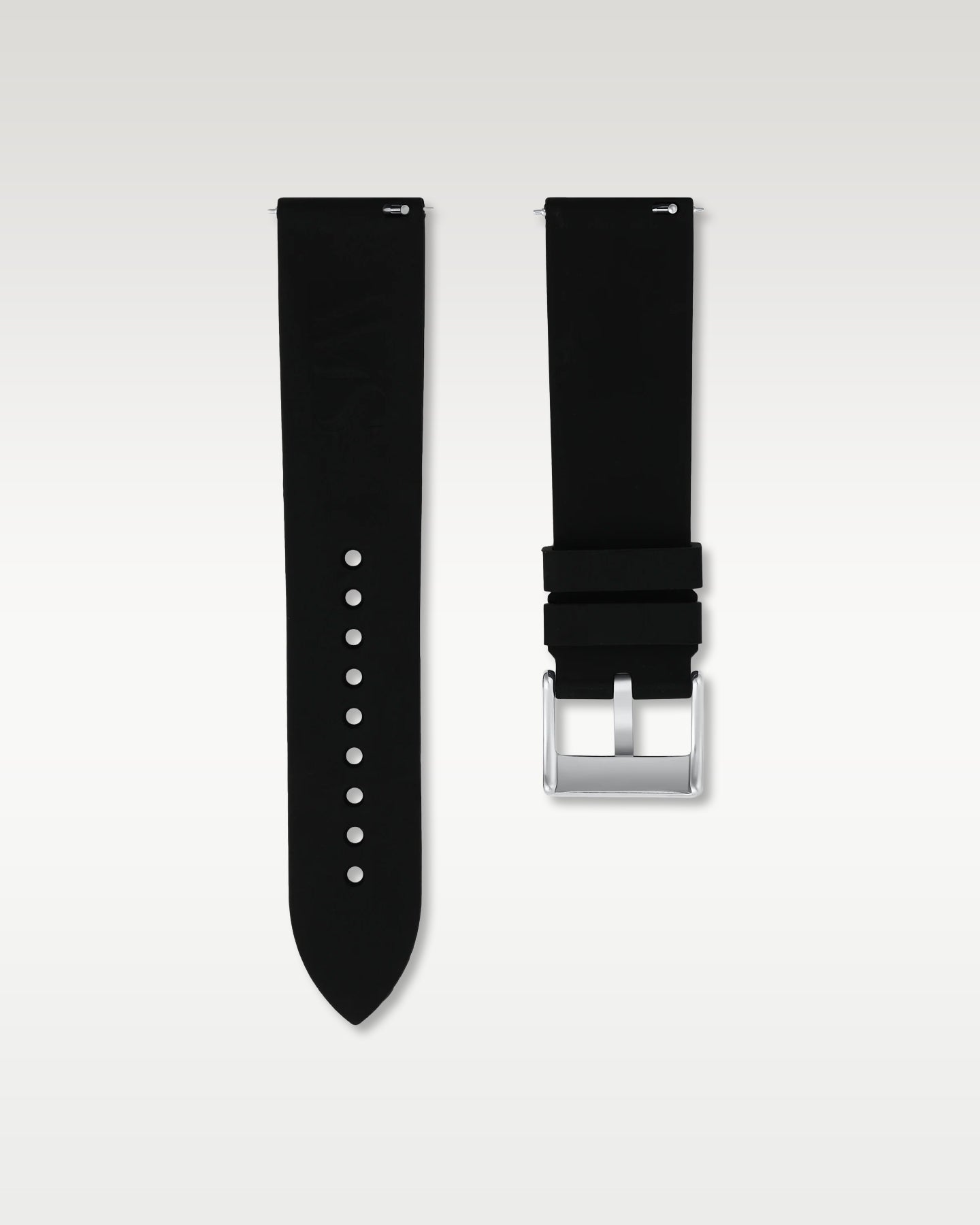 Pair view of WISSTRAPS 22mm Tuxedo Black quick release rubber watch strap with pre-installed silver pin buckle and quick release spring bars