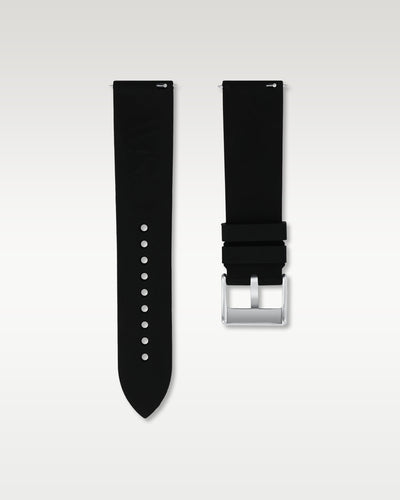 Pair view of WISSTRAPS 22mm Tuxedo Black quick release rubber watch strap with pre-installed silver pin buckle and quick release spring bars
