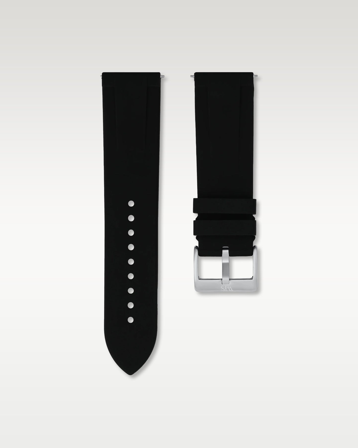 Pair view of WISSTRAPS 24mm Tuxedo Black quick release rubber watch strap with pre-installed silver pin buckle and quick release spring bars