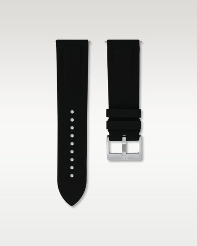 Pair view of WISSTRAPS 24mm Tuxedo Black quick release rubber watch strap with pre-installed silver pin buckle and quick release spring bars