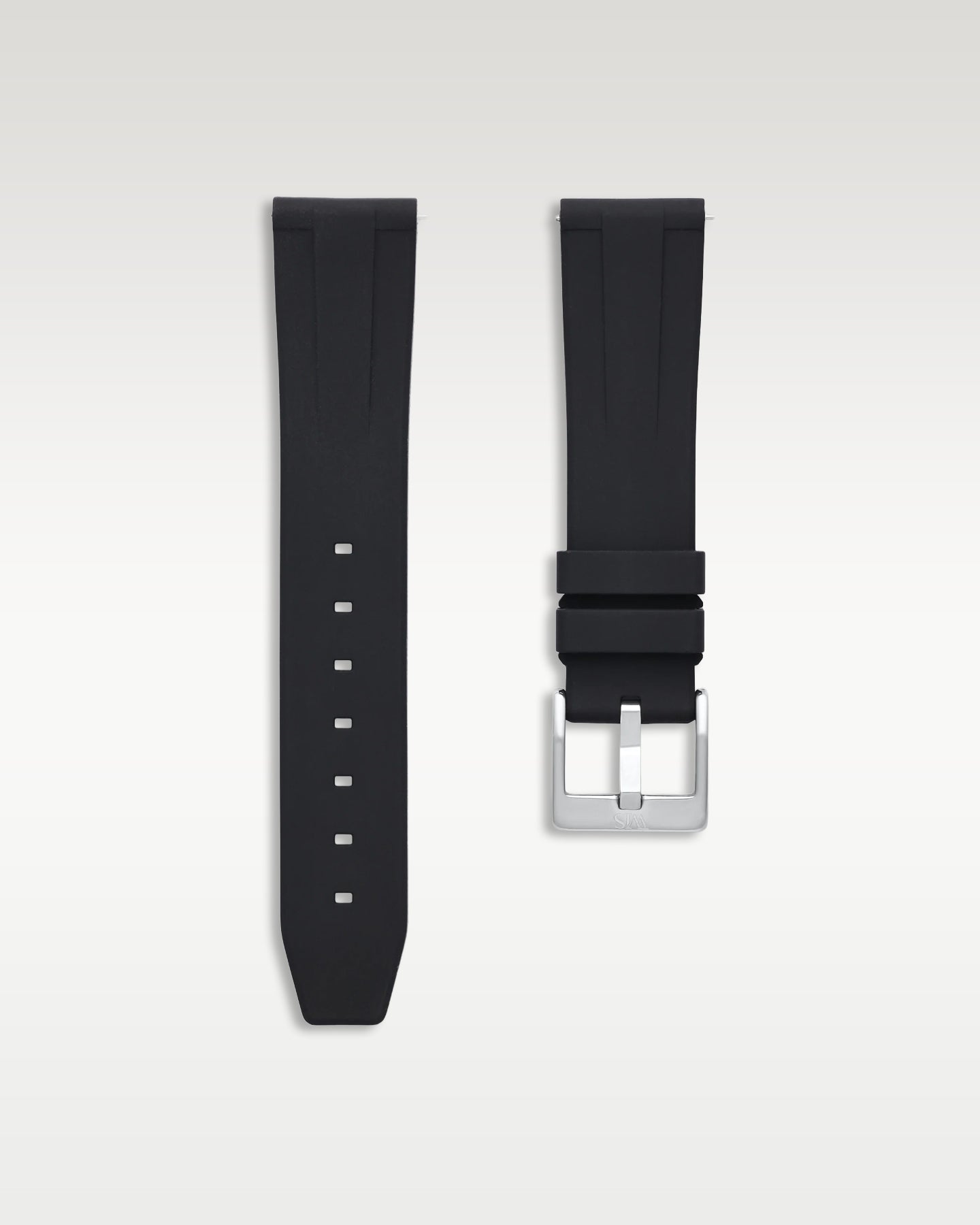 WISSTRAPS 20mm Tuxedo Black quick release rubber watch strap featuring a straight lug fit and brushed stainless steel buckle