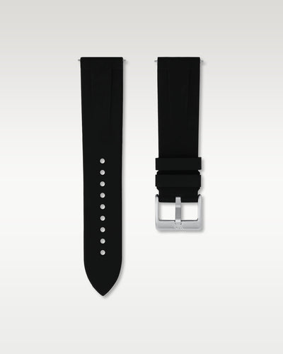 WISSTRAPS 22mm Tuxedo Black quick release rubber watch strap featuring a straight lug fit and brushed stainless steel buckle