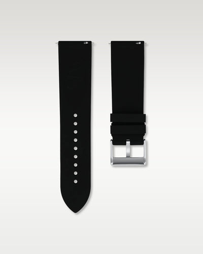 WISSTRAPS 24mm Tuxedo Black quick release rubber watch strap featuring a straight lug fit and brushed stainless steel buckle