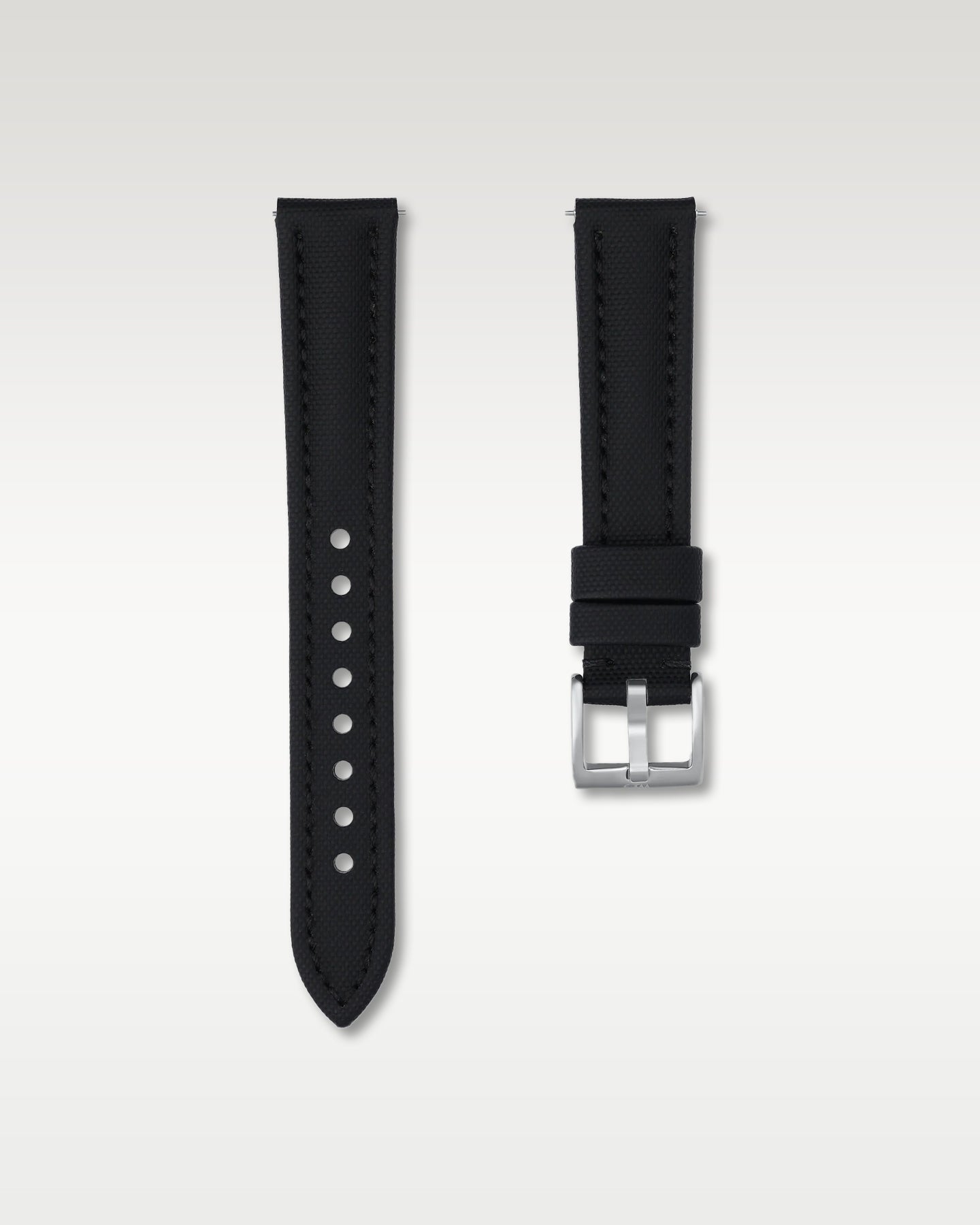 WISSTRAPS 18mm Tuxedo Black waterproof sailcloth watch strap featuring quick release spring bars and engraved silver buckle