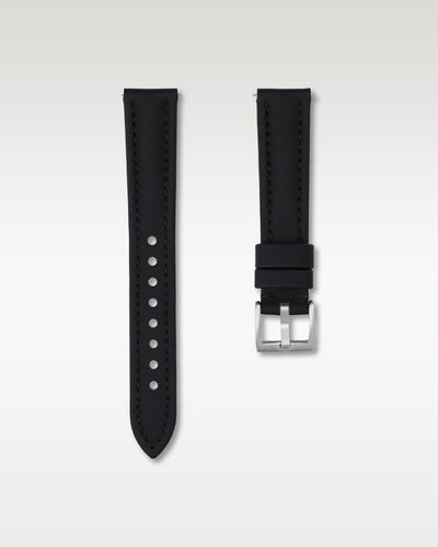 WISSTRAPS 18mm Tuxedo Black waterproof sailcloth watch strap featuring quick release spring bars and engraved silver buckle