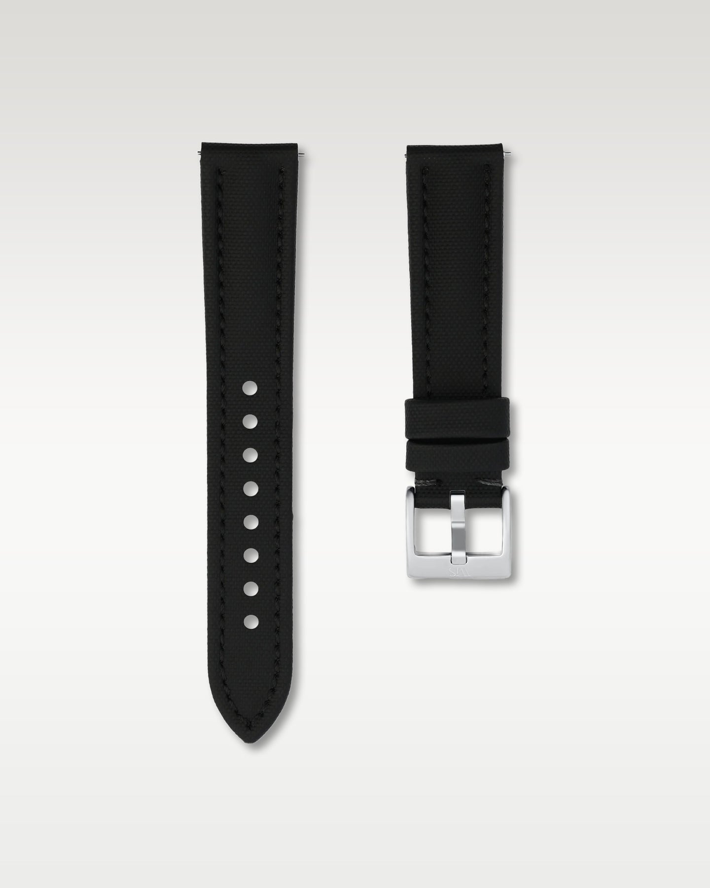 front layout of a 20mm pitch black sailcloth watch band highlighting its cross-hatch fabric pattern and brushed steel buckle
