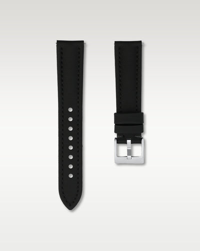 front layout of a 20mm pitch black sailcloth watch band highlighting its cross-hatch fabric pattern and brushed steel buckle