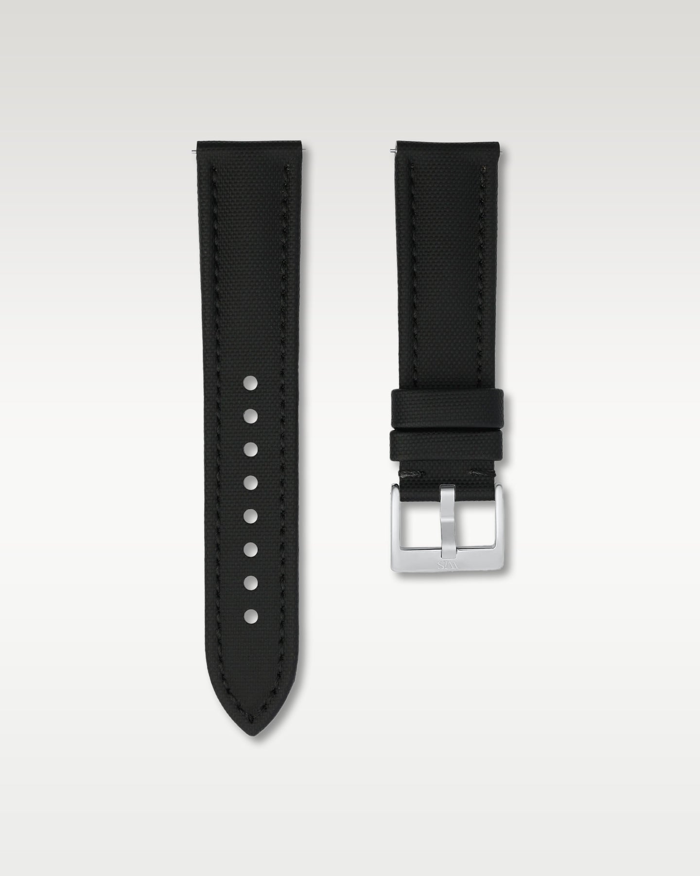 Front layout view of a 22mm pitch black sailcloth watch band detailing its textured cross-hatch fabric finish and brushed silver pin buckle