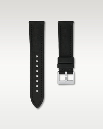 Front layout view of a 22mm pitch black sailcloth watch band detailing its textured cross-hatch fabric finish and brushed silver pin buckle