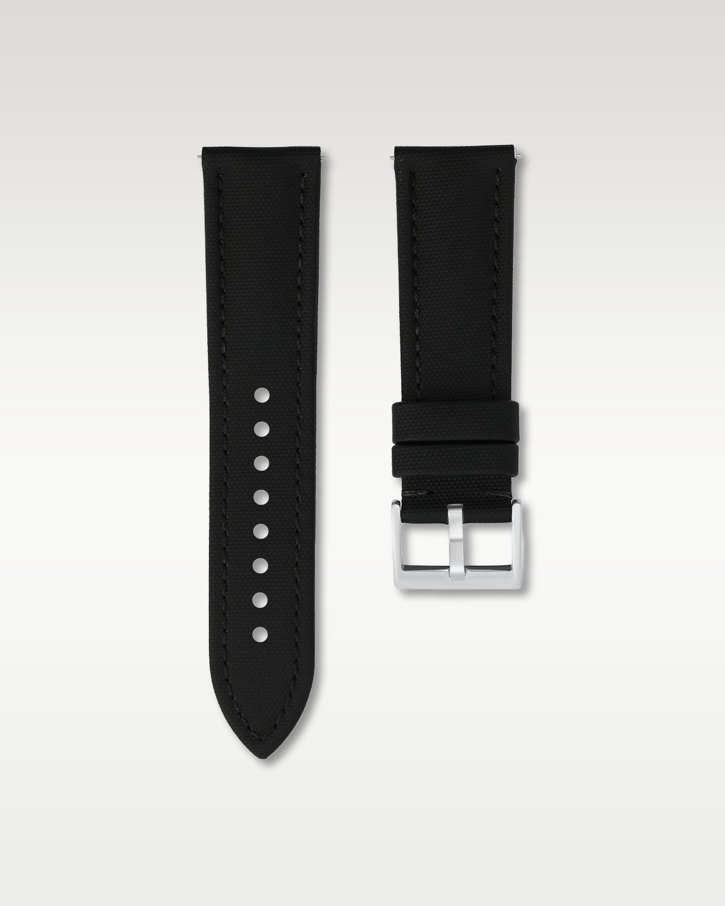 Front layout view of a 24mm pitch black sailcloth watch band detailing its textured cross-hatch fabric finish and brushed steel pin buckle