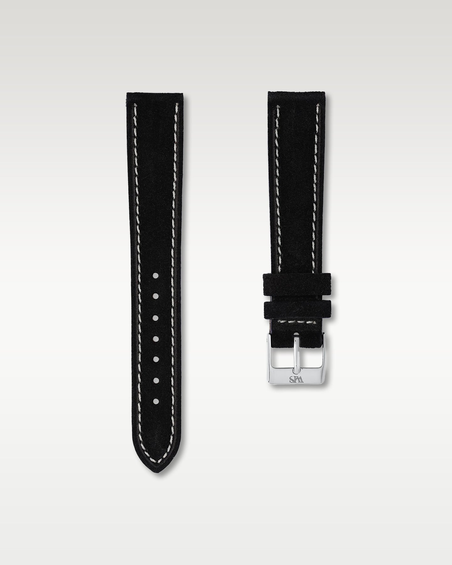 WISSTRAPS 18mm Tuxedo Black soft suede leather watch strap featuring white contrast perimeter stitching and a brushed stainless steel buckle