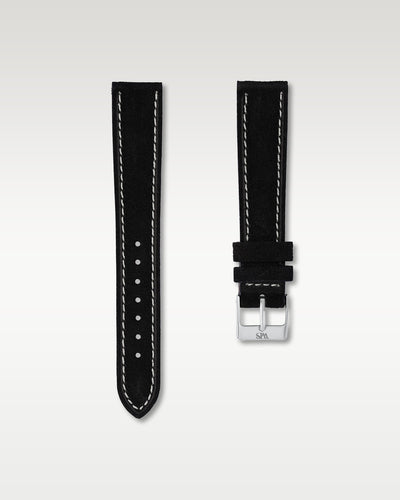 WISSTRAPS 18mm Tuxedo Black soft suede leather watch strap featuring white contrast perimeter stitching and a brushed stainless steel buckle