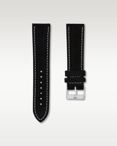 WISSTRAPS 22mm Tuxedo Black soft suede leather watch strap featuring white contrast perimeter stitching and a brushed stainless steel buckle
