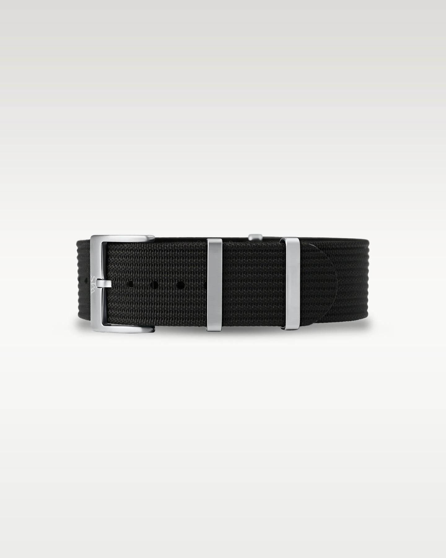 Flat layout view of a pitch black woven nylon watch strap folded with brushed steel hardware