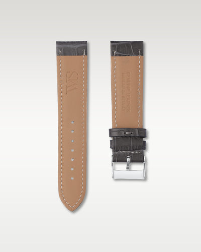 Underside view of WISSTRAPS 22mm Charcoal Grey leather watch strap showing soft tan lining and stamped brand logo