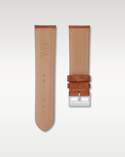 Underside view of the WISSTRAPS 24mm Woodland Brown Italian calf leather watch strap showing the embossed WS logo and comfortable inner lining
