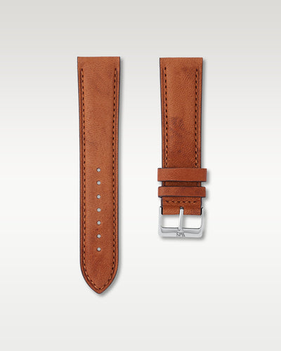 WISSTRAPS 22mm Woodland Brown Italian calf leather watch strap featuring warm tan tones, perimeter stitching, and stainless steel buckle