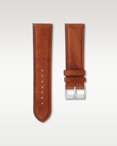 Front view of the WISSTRAPS Woodland Brown 24mm Italian calf leather watch strap featuring classic stitching and a stainless steel buckle, available at Grand Caliber