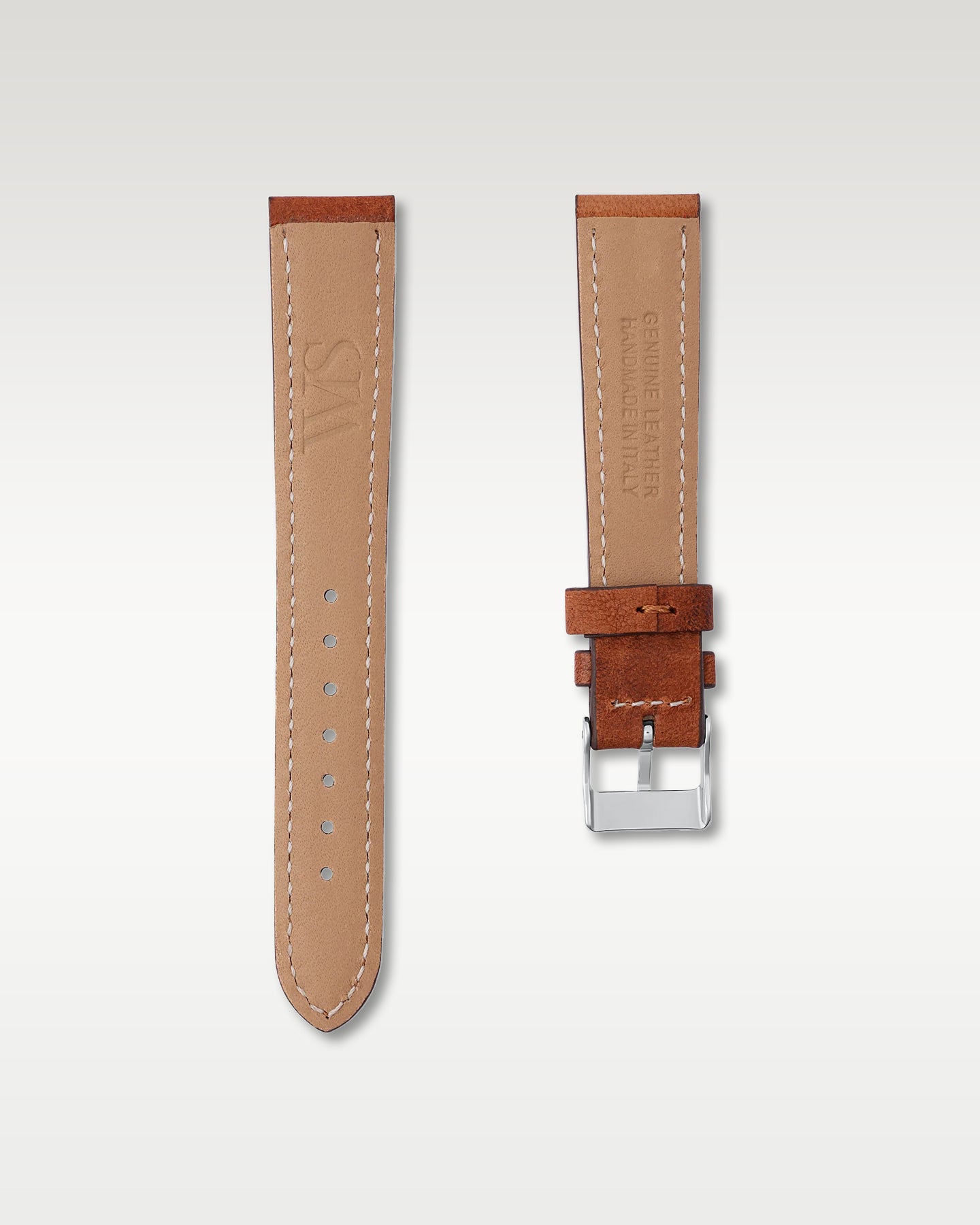 Underside view of WISSTRAPS 18mm Woodland Brown leather watch strap showing soft tan lining and stamped brand logo