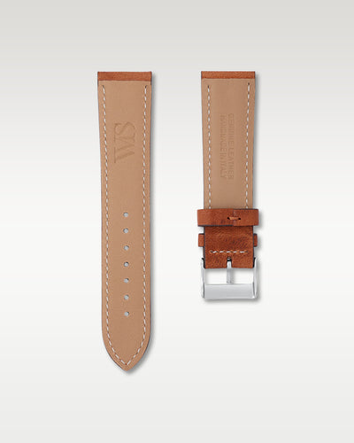 Underside view of WISSTRAPS 20mm Woodland Brown leather strap showing soft neutral tan lining and stamped WS brand logo