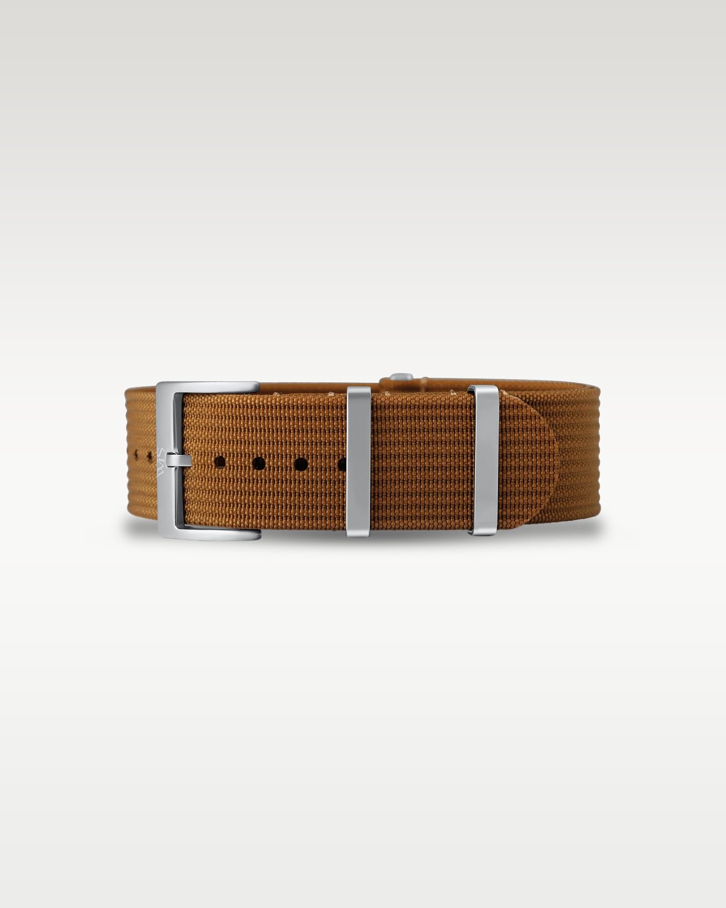 Flat layout view of an earthy woodland brown woven nylon watch strap folded with brushed steel hardware