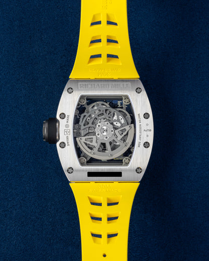 50mm White Gold Richard Mille RM030 Yellow Rubber Strap Diamond Bezel Watch