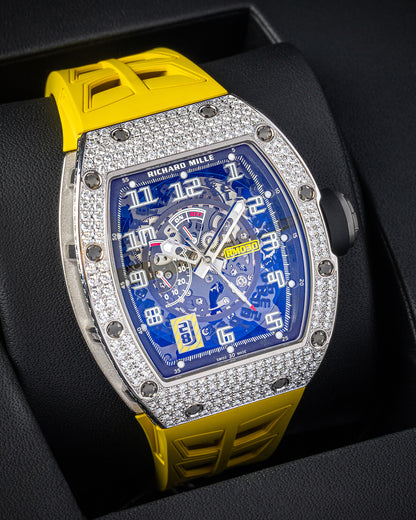 50mm White Gold Richard Mille RM030 Yellow Rubber Strap Diamond Bezel Watch